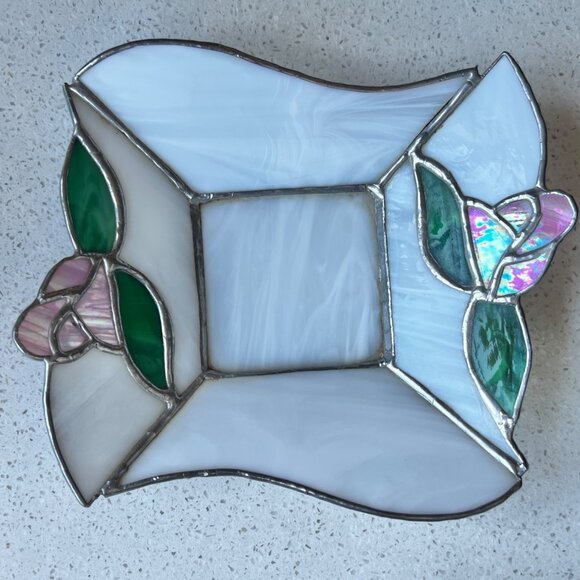 Stained Glass Decorative Bowl With Floral Design & Iridescent Accents